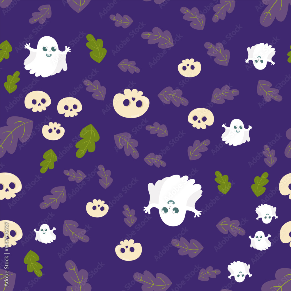 Seamless pattern cute ghost and skull and leaves. Halloween background in cartoon style. Pattern for packaging, textiles, wallpapers. Seamless pattern cute ghost and skull and leaves. Halloween background in cartoon style. Pattern for packaging, textiles, wallpapers.