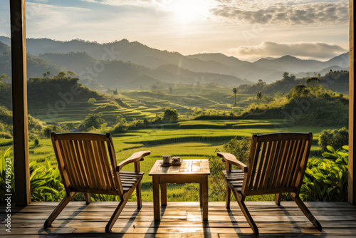 wooden terrace with wooden chairs coffee mugs on the table landscape view of terraced rice fields and mountains is the background in morning warm light