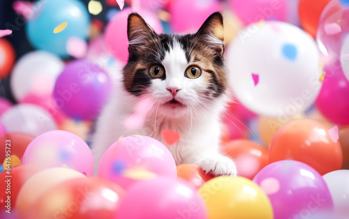 Cute cat with gift present and color balloon.anniversary and celebration or party concepts.decoration background design