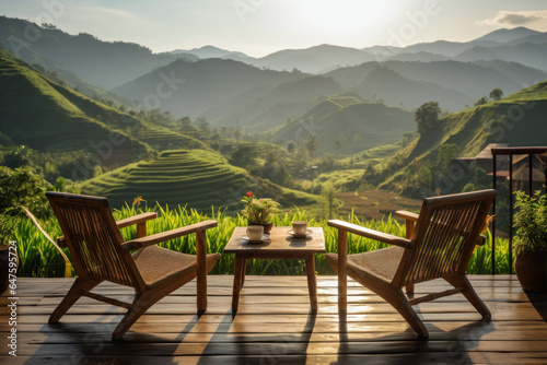 wooden terrace with wooden chairs coffee mugs on the table landscape view of terraced rice fields and mountains is the background in morning warm light © Attasit