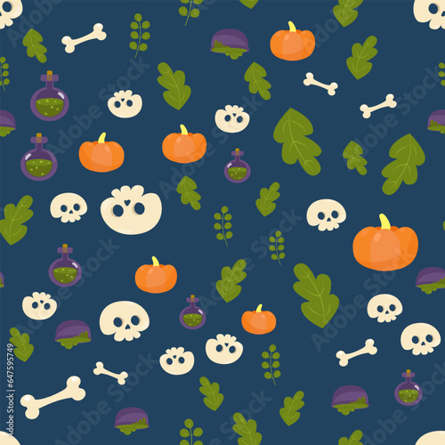 Seamless pattern cute skull and leaves and flask with poison or potion and pumpkin. Halloween background in cartoon style. Pattern for packaging, textiles, wallpapers.