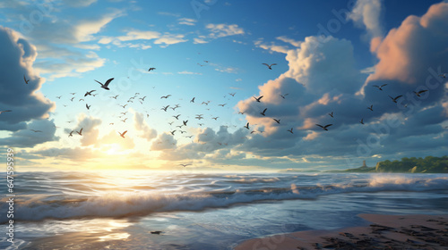 A beach that has some birds flying © Little
