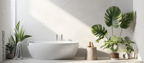 Bathroom with monstera and fern flowers colored white