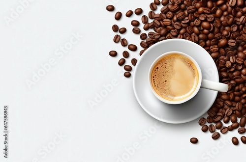 A cup of coffee with coffee beans on a wooden table