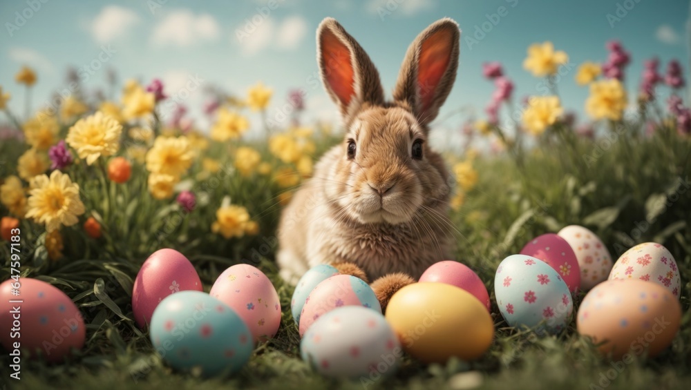 Osterhase mit Ostereiern, gen AI Osterhase mit Ostereiern, gen AI