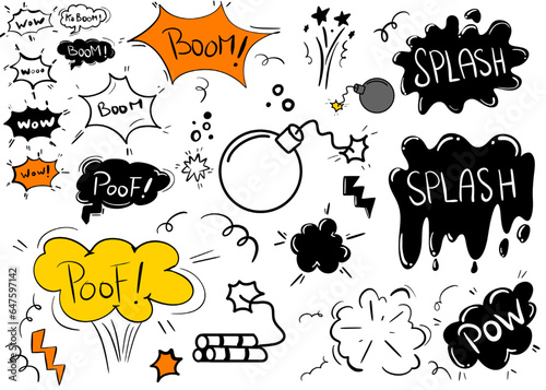 Comic bomb boom vector element. Hand drawn cartoon explosion bomb effect, splash, exclamation smoke element. Doodle hand drawn text boom, pow, wow. Vector illustration