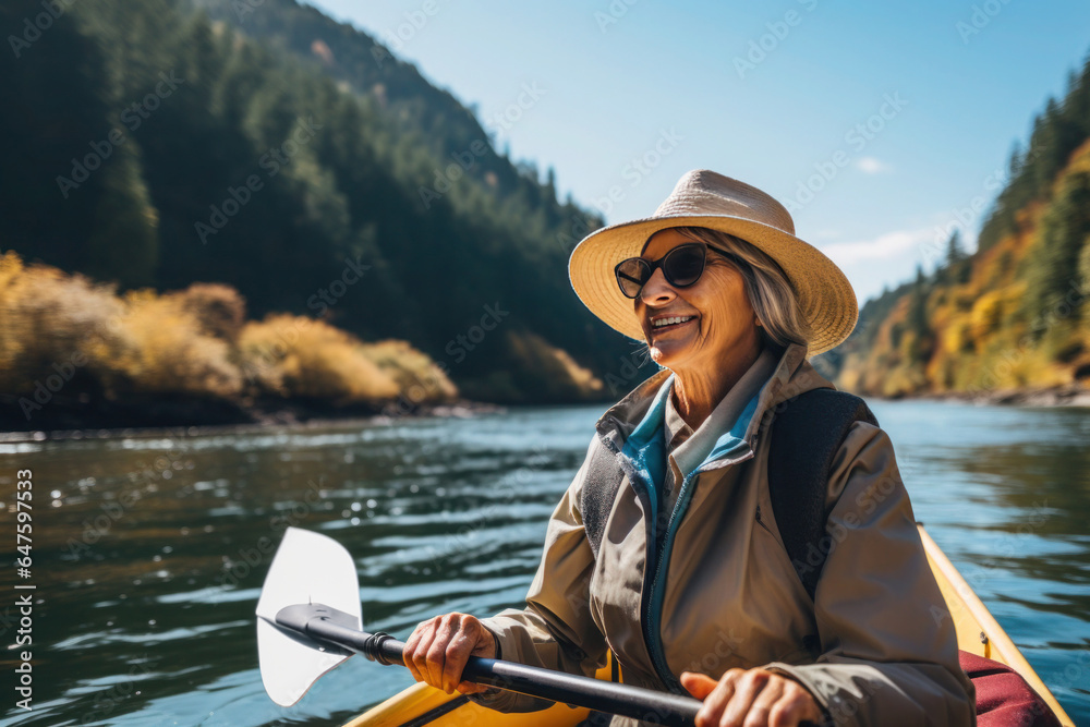 senior woman paddling her kayak