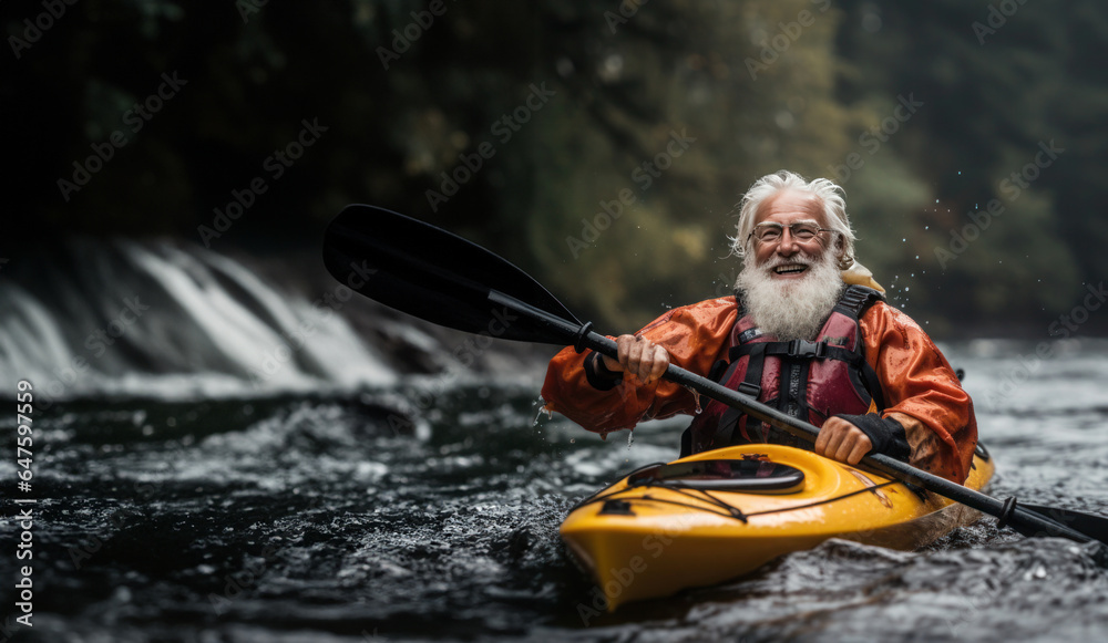 Fototapeta premium senior paddling floats advanced kayak on the river