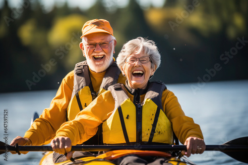 senior couple tandem kayaking showcasing teamwork