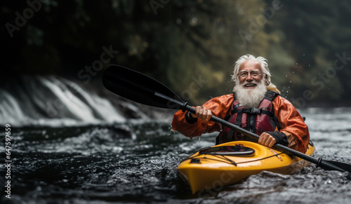 senior paddling floats advanced kayak on the river © Anna