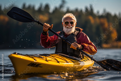 happy senior paddling practicing advanced kayak © Anna