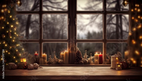 Cozy christmas glow. Festive home decor. Vintage holiday charm. Window candlelight with empty table. Winters warm embrace. Candlelight xmas