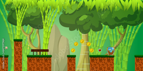 2d Platform Tileset sideview with bamboo forest background and items. can use for asset games