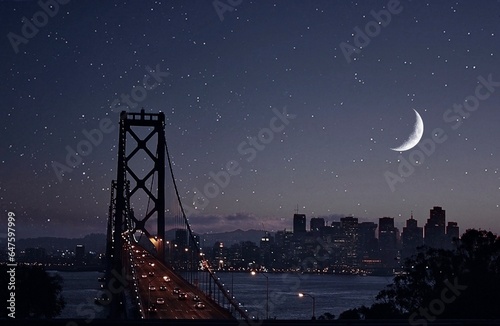 Crescent Moon over Bay Bridge and City Skyline at night, San Francisco, California, USA photo