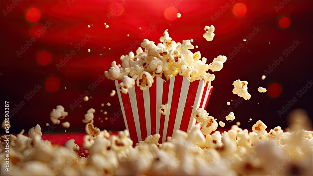 a vibrant red background generously sprinkled with spilled popcorn. The image should capture the excitement and fun of a night at the movies.