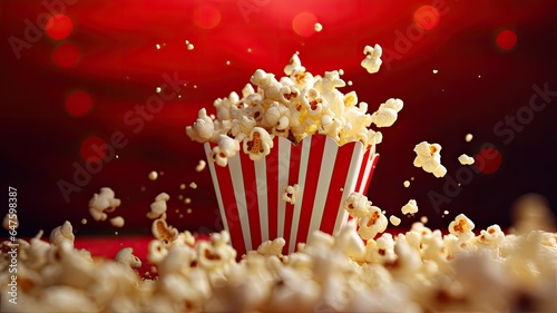 a vibrant red background generously sprinkled with spilled popcorn. The image should capture the excitement and fun of a night at the movies. © ZinaZaval