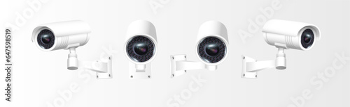 Circuit television cameras realistic set. External cctv. Surveillance equipment. Security monitoring system for smart home, company. Vector