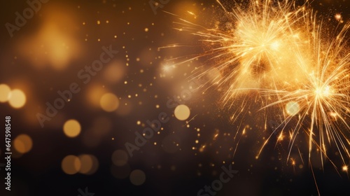 Silvester Festival Party New Year 2024   New Year s Eve celebration holiday fireworks background banner - Closeup of gold firework on dark black  night sky.