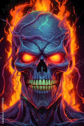 Couverture de livre illustration d'un portrait d'une tête de squelette avec des flammes colorées » IA générative © Maelgoa