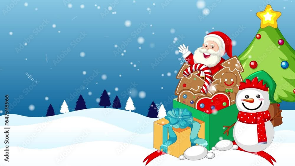 Outdoor landscape with snow-covered pine trees and Santa Claus greeting with a gift box full of gingerbread and candy. Outdoor landscape with snow-covered pine trees and Santa Claus greeting with a gift box full of gingerbread and candy.