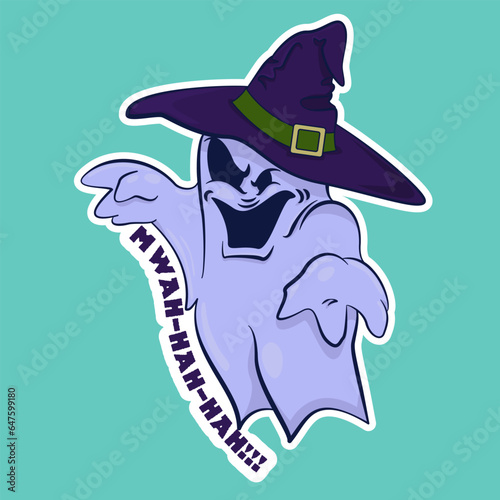 Image of a funny ghost. Sticker with a ghost. Halloween sticker. Cartoon character for comics and postcards – ghost. Vector image