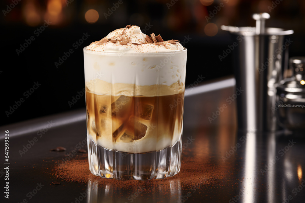 A liquor cocktail with creamy made by coffee swirl of half below whipped cream decorated by cacao powder places on stainless steel table with bokeh background A liquor cocktail with creamy made by coffee swirl of half below whipped cream decorated by cacao powder places on stainless steel table with bokeh background