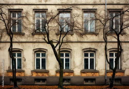 trees and windows in an old building, in the style of vienna secession