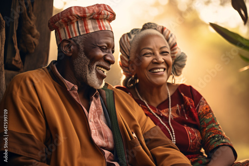 A African retirement elderly couple in traditional clothes laughing while sitting outdoor with contented smile, concept of satisfying full of gleeful and carefree lifestyle 