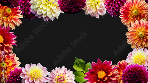 Colorful Dahlia Border Frame on Black Background with Copy Space Spring Concept 