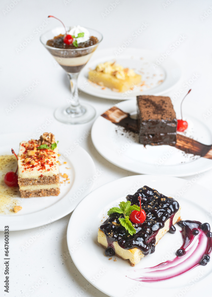 Desserts in the table, hotel, cakes, cheesecake, chocolate cake, maja blanca