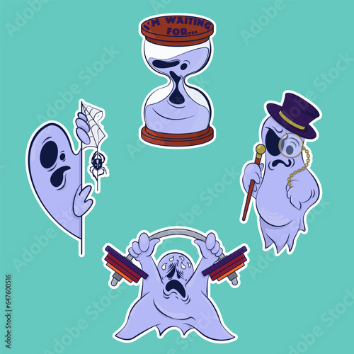 Small sticker pack. Image of a funny ghosts. Stickers with a ghost. Halloween sticker. Cartoon characters for comics and postcards     ghosts. Vector image