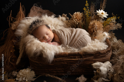 Newborn prop, newborn baby sleeping in nestled woven basket adorned with a white feathered headband, set against a backdrop of soft clouds. 