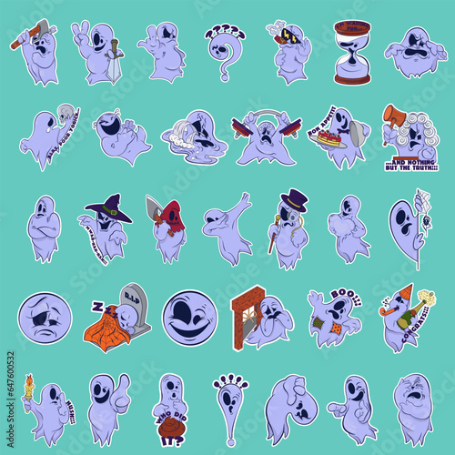 Big sticker pack. Image of a funny ghosts. Stickers with a ghost. Halloween sticker. Cartoon characters for comics and postcards – ghosts. Vector image