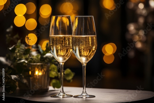 Photo of two glasses of champagne on a table created with Generative AI technology