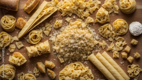 Pasta of various shapes, dough, flour, board