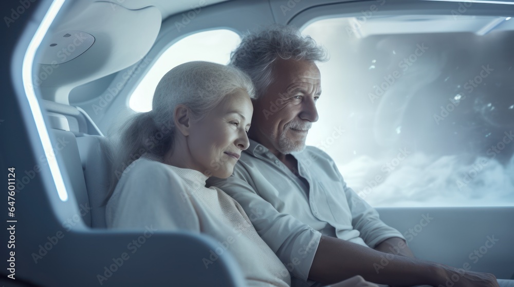 People ride in a self-driving car controlled by an artificial intelligence autopilot. Future technologies, internet of things and smart devices concept. People ride in a self-driving car controlled by an artificial intelligence autopilot. Future technologies, internet of things and smart devices concept.