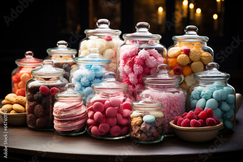 Varity of colorful sugary candy, lollipop and marshmellow in a class jar, grocery store or party concept, sweets for holiday