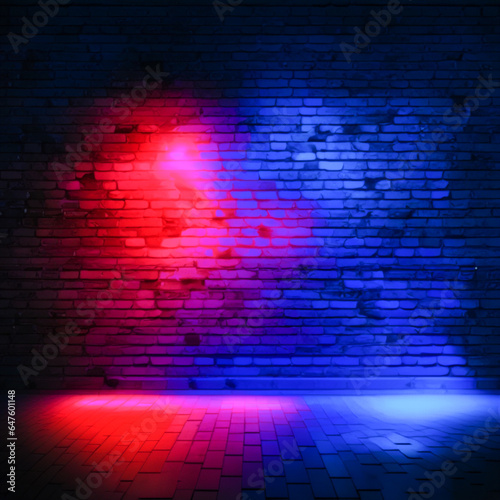 Colorful neon lights on a brick wall background.
