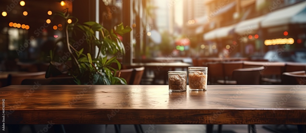 Blurry restaurant in the foreground with a table on top Blurry restaurant in the foreground with a table on top