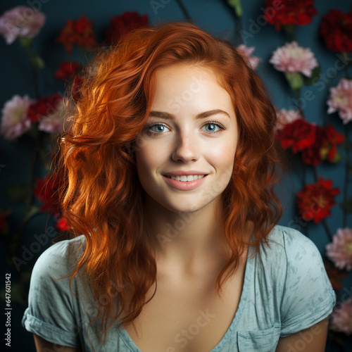 Portrait of a happy young woman, smiling beautiful face, red hair, blue background with flowers © Berit Kessler