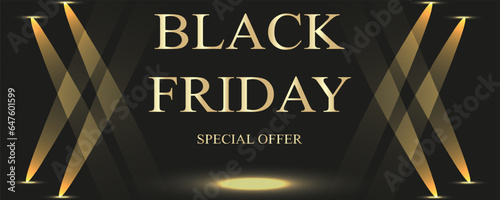 Template for trendy luxury Black Friday banner cover with fly text and golden Spotlights. Design of luxury Black friday poster. Advertising concept. Vector illustration.