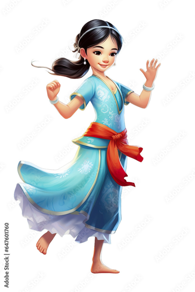 Asian kid girl dancing, jumping in joy raising hands and laughing, isolated illustration, transparent background Asian kid girl dancing, jumping in joy raising hands and laughing, isolated illustration, transparent background