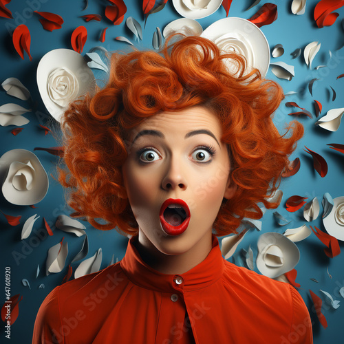 Portrait of a suprised or shocked young woman, open mouth and wide opened eyes, red hair, blue background