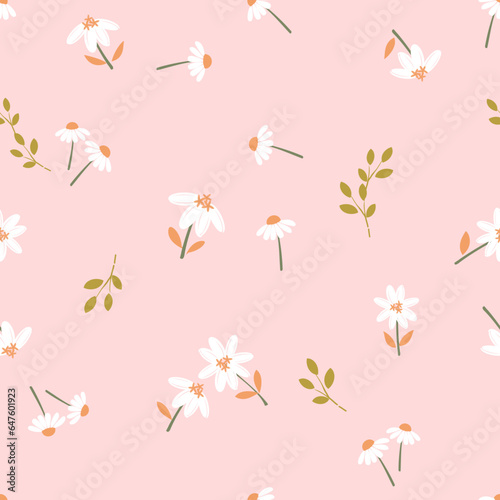 Seamless pattern with wild flower, green branch and daisies on pink background vector. Cute floral print.