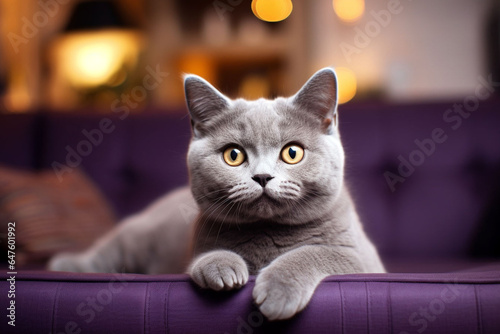 beautiful grey cat Chartreux on a purple couch photography