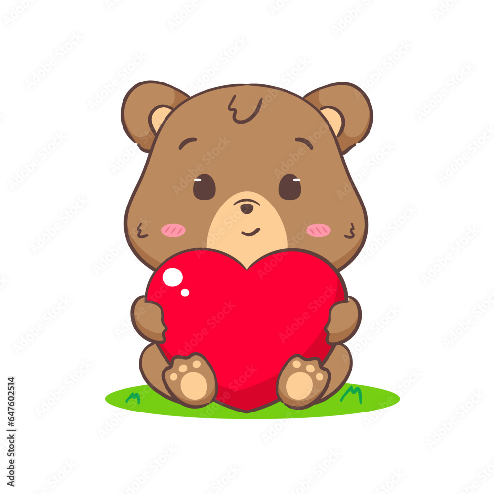 Cute brown bear holding love heart. Kawaii adorable animal and valentines day concept design. Isolated white background. Vector art illustration. Cute brown bear holding love heart. Kawaii adorable animal and valentines day concept design. Isolated white background. Vector art illustration.