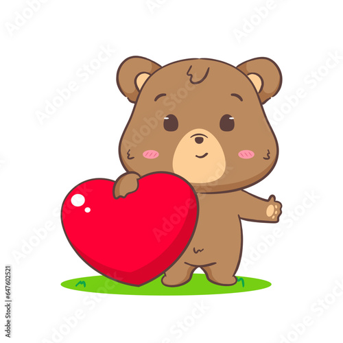 Cute brown bear holding love heart. Kawaii adorable animal and valentines day concept design. Isolated white background. Vector art illustration. © crystal_snow