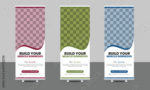 Build your body strong Fitness gym business standee x rollup banner design with three variant vector template