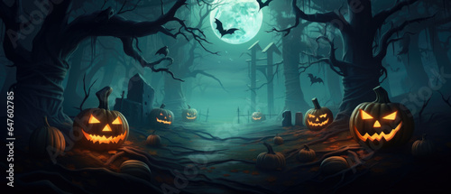 Halloween Pumpkins In Spooky Forest With Tombs At Night - Abstract Defocused Background