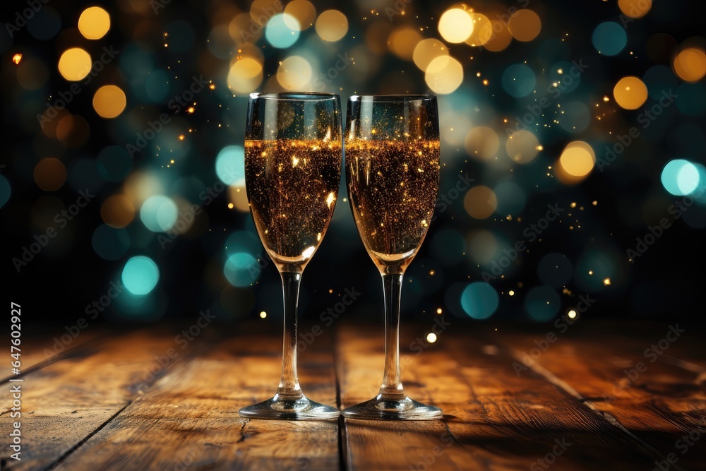 A celebratory background image for creative content, showcasing two glasses of champagne with blurred holiday lights in the background. Photorealistic illustration A celebratory background image for creative content, showcasing two glasses of champagne with blurred holiday lights in the background. Photorealistic illustration